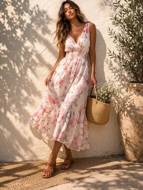 Elena Baldi | Silk Blend Floral Midi Dress w/ Tiers, Size M